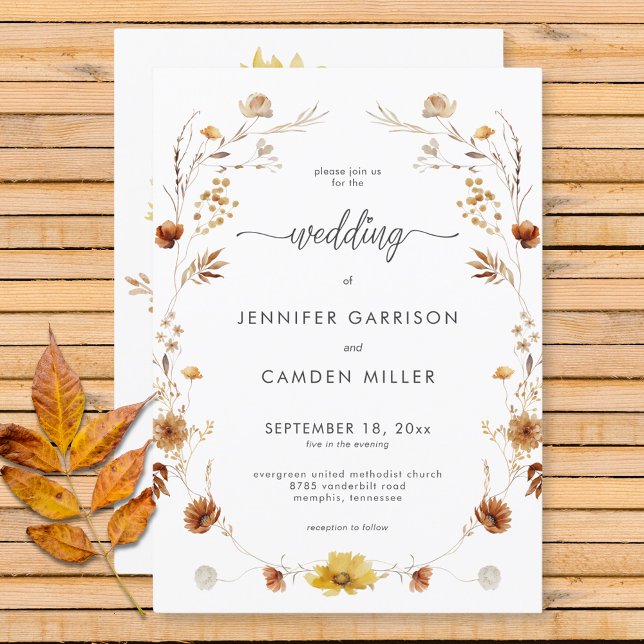 Convites Casamento de Wreath Floral de Queda de Delicado Ru (Rustic Delicate Fall Floral Wreath Wedding Invitation)