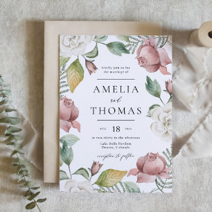 Convites Casamento de Wreath Floral de Rosa e Rosas Brancas