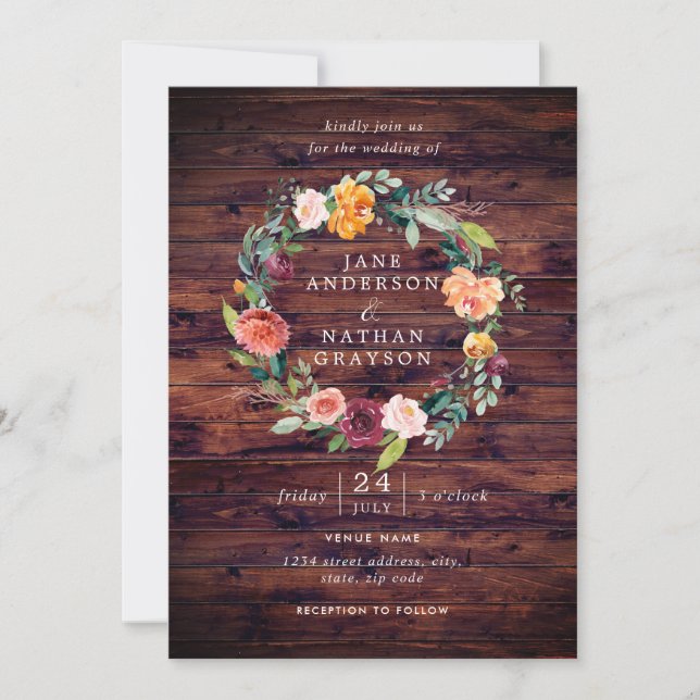 Convites Casamento de Wreath Floral Rustic Watercolor (Frente)
