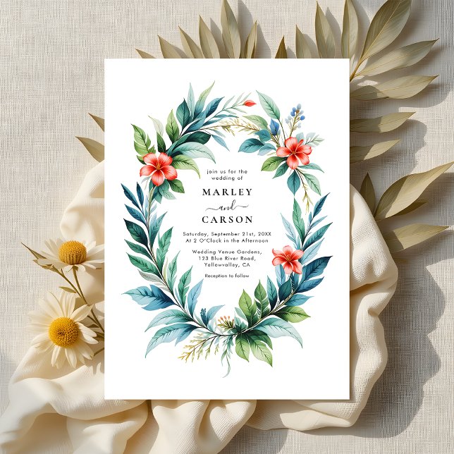 Convites Casamento de Wreath Tropical de Watercolor (Criador carregado)
