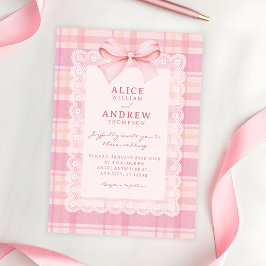 Convites Casamento de xadrez com laço rosa