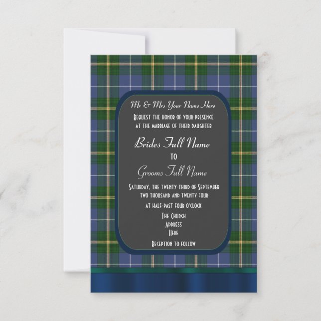 Convites Casamento de xadrez de tartan azul e verde (Frente)