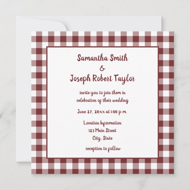 Convites Casamento de Xadrezes Burgundy e White Gingham (Frente)