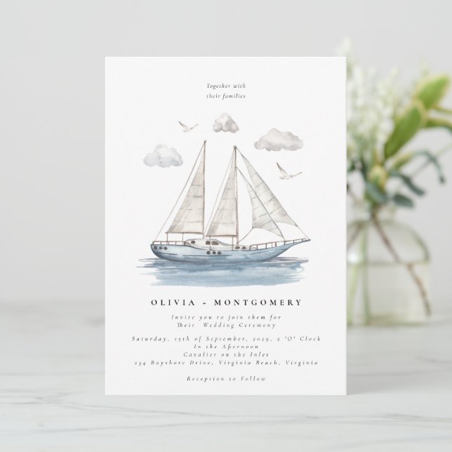 Convites Casamento de Yacht de Navegação por Aquarela Moder (Em pé/Frente)