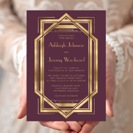 Convites Casamento Deco da 1920 Dourada Elegante Burgundy