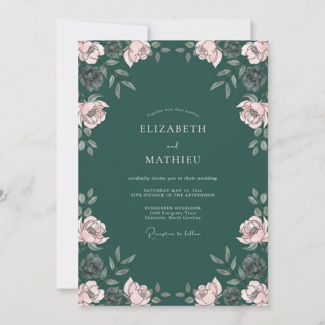 Convites Casamento Deep Green Poetic Bloom (Frente)
