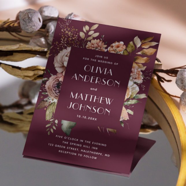Convites Casamento Deep Merlot | Código QR de Flor de Plum  (Criador carregado)