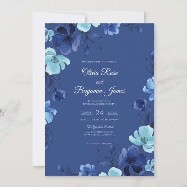 Convites Casamento Deep Sapphire Bloom (Frente)