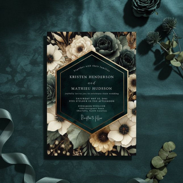 Convites Casamento Deep Teal Moody Bloom (Criador carregado)