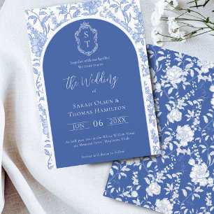 Convites Casamento Delft Azul Floral Chinoiserie Monograma
