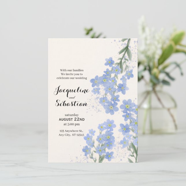 Convites Casamento Delicado Azul Esqueça-Me-Não (Em pé/Frente)