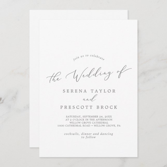 Convites Casamento Delicado De Caligrafia De Prata (Frente/Verso)