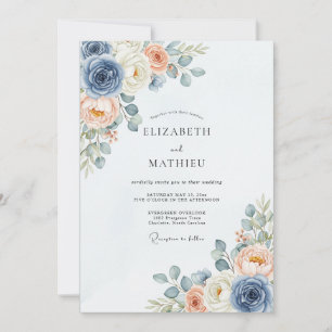 Convites Casamento Delicado de Primavera em Azul Poeirento 