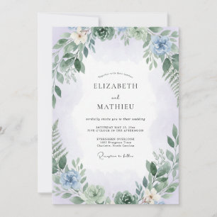 Convites Casamento Delicado em Azul Pálido e Folhas