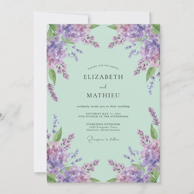 Convites Casamento Delicado em Verde Menta e Lavanda (Frente)