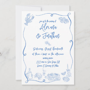 Convites Casamento Desenhado à Mão Azul e Branco