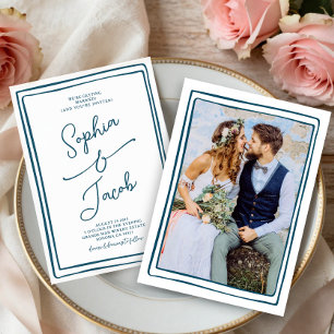 Convites Casamento Desenhado à Mão Caprichoso Foto Azul e B