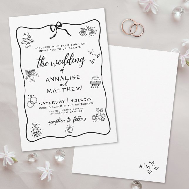 Convites Casamento Desenhado à Mão com Toques Caprichosos (Whimsical Hand Drawn Illustrated Wedding Invitation)