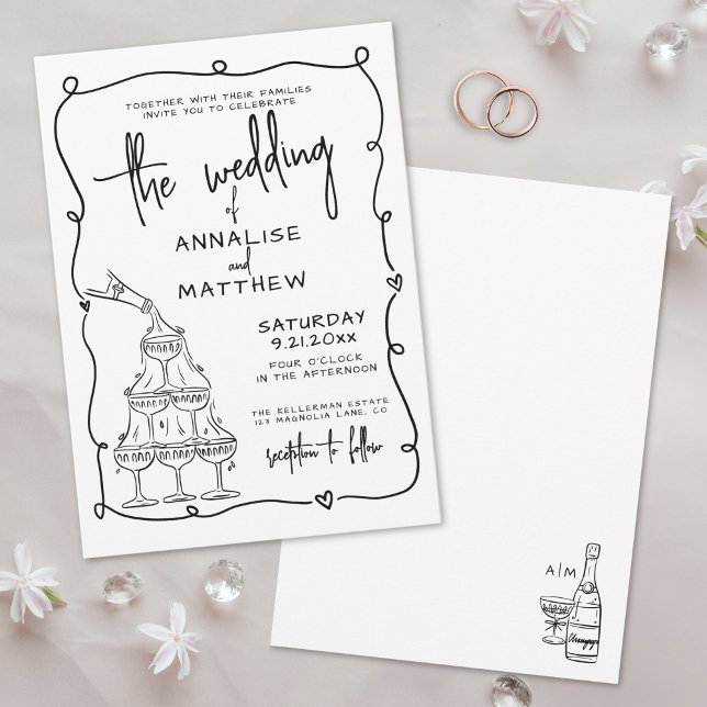 Convites Casamento Desenhado à Mão com Toques Caprichosos (Whimsical Hand Drawn Quirky Wedding Invitation)