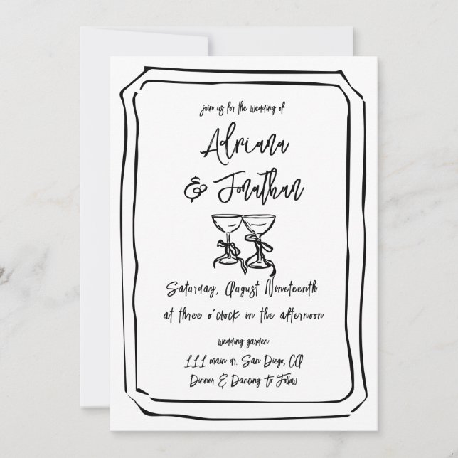 Convites Casamento Desenhado à Mão Simples Preto e Branco (Frente)