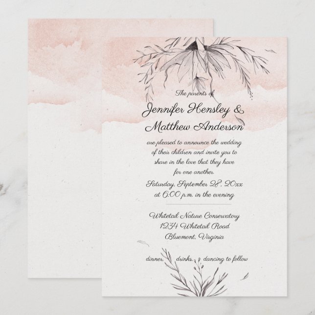 Convites Casamento Desenhado com Aquarela Moderna em Pêsseg (Frente/Verso)