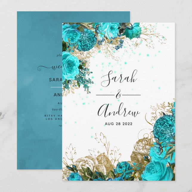 Convites Casamento Desgastado em Turquesa e Dourado Vintage (Frente/Verso)