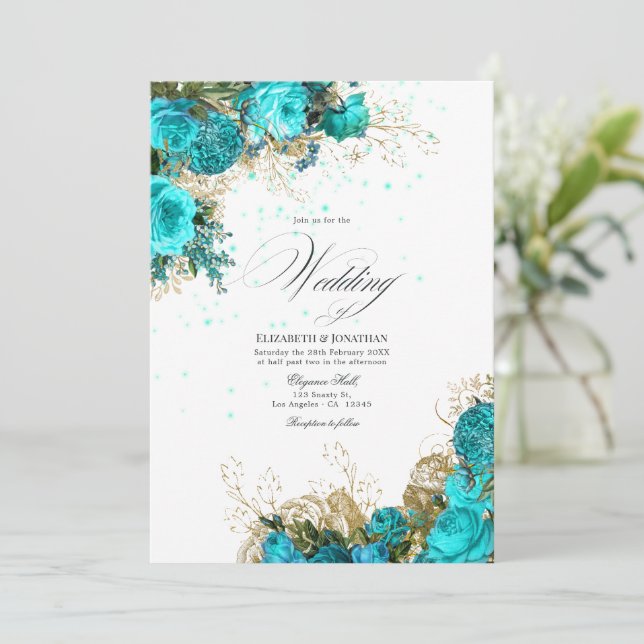 Convites Casamento Desgastado Turquesa e Dourado Vintage (Em pé/Frente)