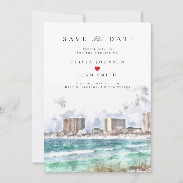 Convites Casamento Destin Florida Aquarela Save the Date (Frente)