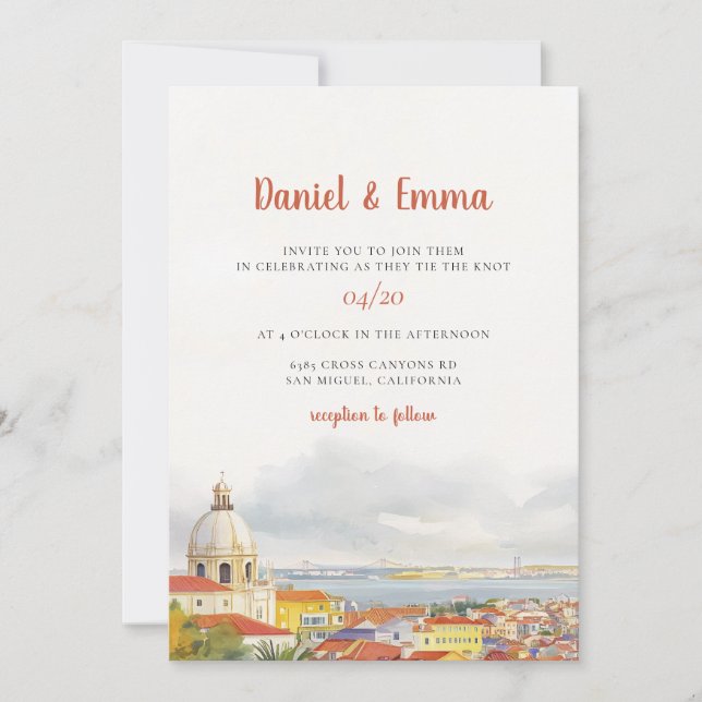 Convites Casamento Destino Aquarela Lisboa (Frente)
