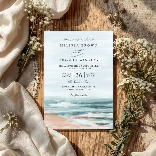 Convites Casamento Destino de Oceano de Praia Código QR Ele (Criador carregado)