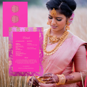 Convites Casamento Detalhado Étnico Indiano Rosa e Dourado