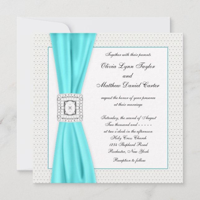 Convites Casamento Diamante Azul Verde Marfim (Frente)