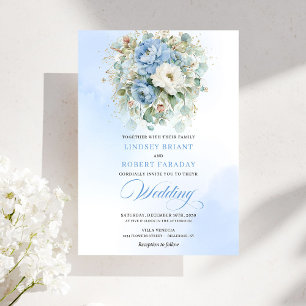 Convites Casamento Digital Floral Azul Sofisticado e Empola