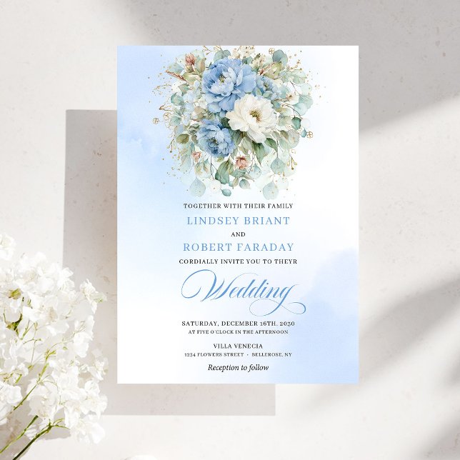 Convites Casamento Digital Floral Azul Sofisticado e Empola (Sophisticated Dusty Blue Floral Digital Wedding Invitation)