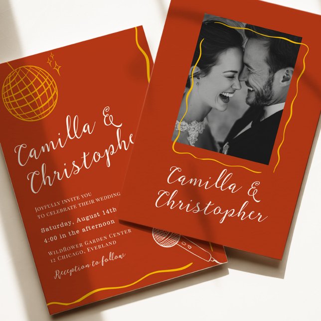 Convites Casamento Disco Retro em Terracota (Criador carregado)