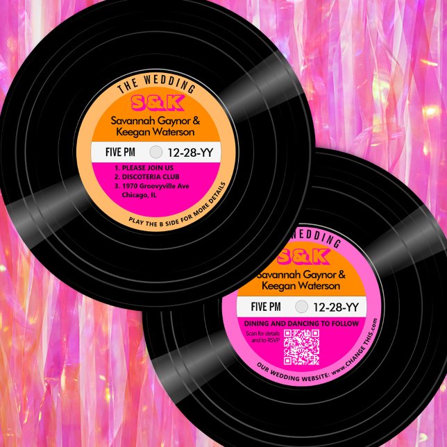 Convites Casamento Disco Vinil Record Laranja Rosa Stripes (Disco Bold Hot Pink and Orange Vinyl record Wedding Invitation)