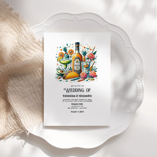 Convites Casamento Divertido com Tacos e Tequila com Garraf (Fun Tacos and Tequila Wedding with Monogram Bottle Invitation)