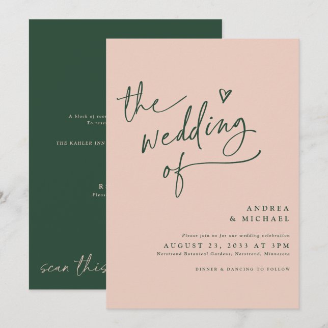 Convites Casamento Divertido em Rosa Dourado e Verde Esmera (Frente/Verso)