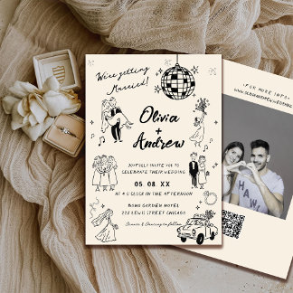 Convites Casamento Divertido Foto Retro Desenho à Mão Funky