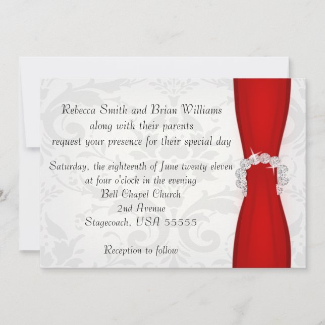Convites Casamento do Arco de Diamond Red e Silver Damask (Frente)
