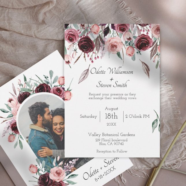 Convites Casamento do Arco Floral de Fotos Elegante Burgund (Burgundy and Blush Floral Wedding Invitation with Script Text)