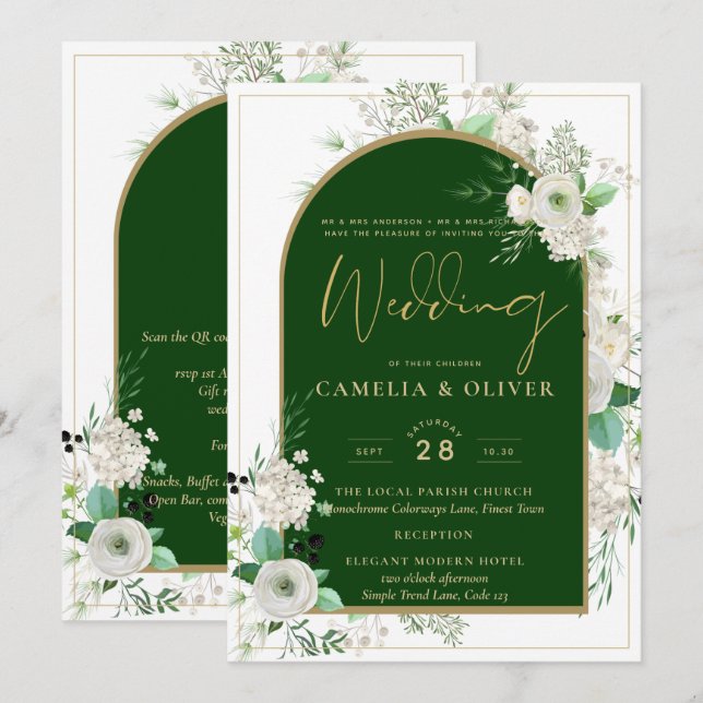 Convites Casamento do Arco Verde Emerald, Roses Brancas de  (Frente/Verso)