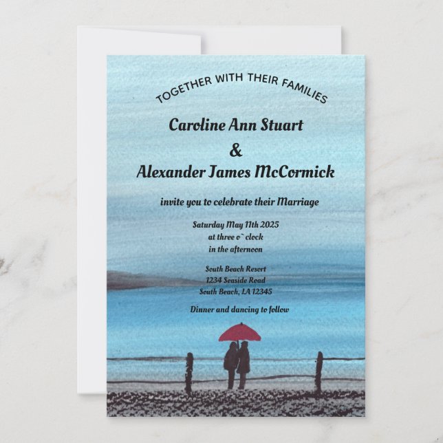 Convites Casamento do Casal de Guarda-chuvas Vermelho Elega (Frente)