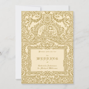 Convites Casamento do Castelo Real Vintage Creme Dourado Me
