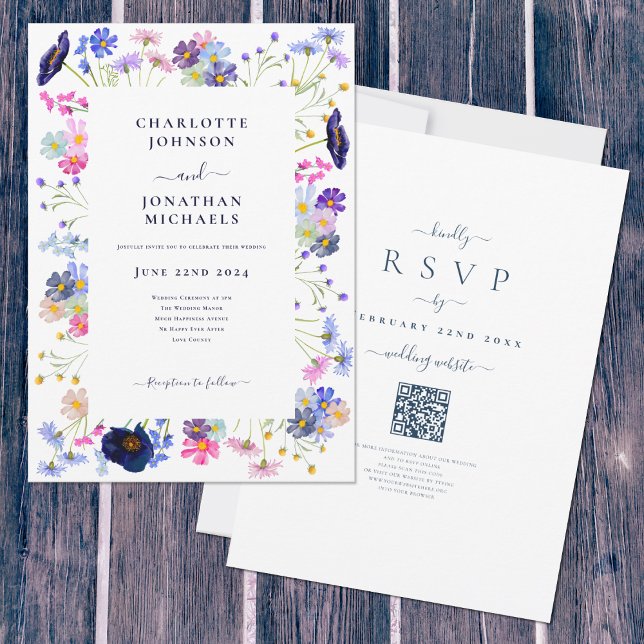 Convites Casamento do Código QR Azul de Flor Selvagem (Elegant boho chic wildflower watercolor wedding invitation with online rsvp qr code)