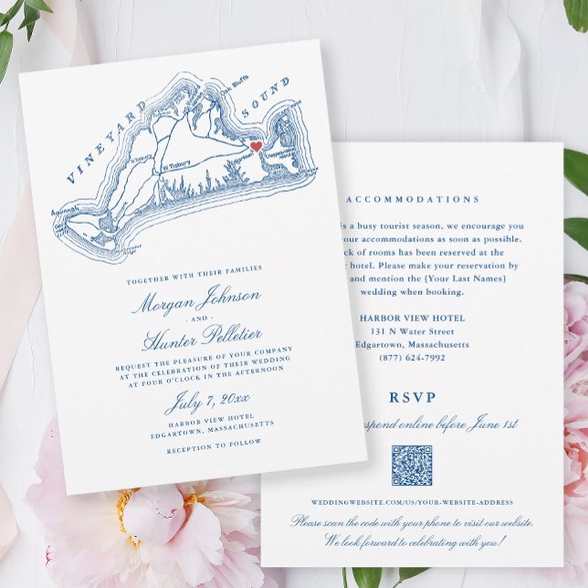 Convites Casamento do Código QR Azul do Marinho All-in-One  (Edgartown MA Martha's Vineyard Map All in One Wedding invitation in elegant Navy Blue )