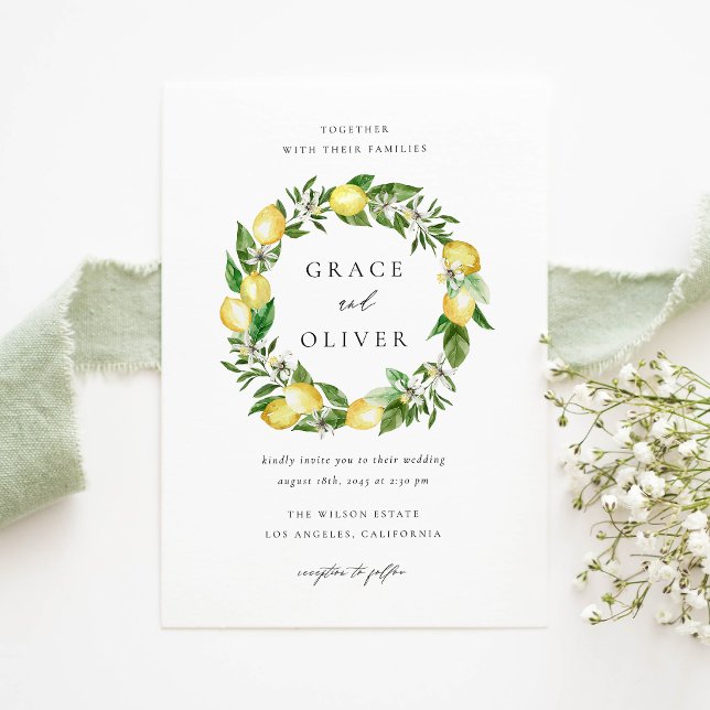 Convites Casamento do Código QR com Lemon e Greenery Wreath (Customizable QR Code Wedding Invitation with Watercolor Lemons, Blossoms & Greenery)