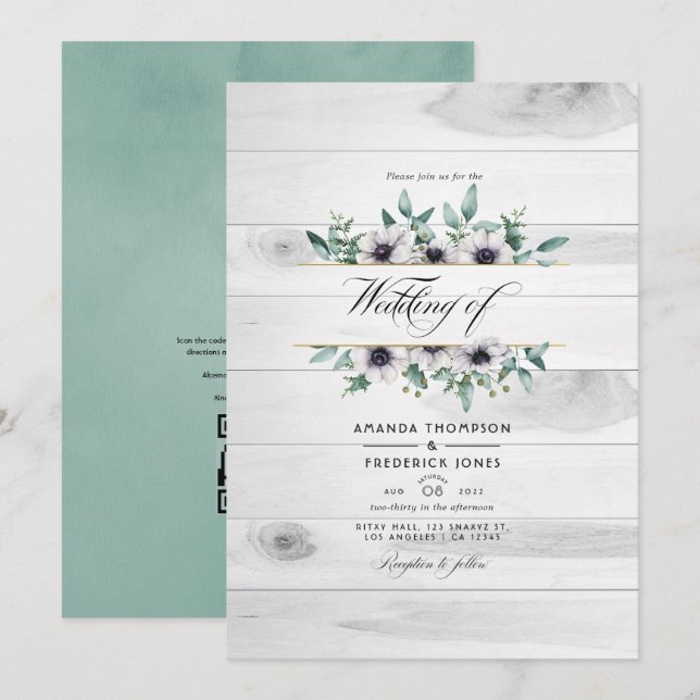 Convites Casamento do Código QR da Rússia Eucalyptus Anemon (Frente/Verso)