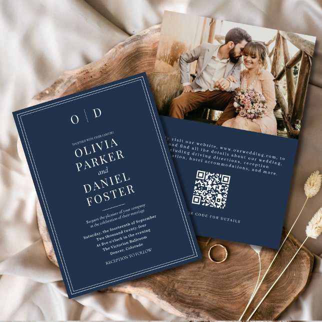 Convites Casamento do Código QR de Foto Azul do Marinho Ele (Criador carregado)