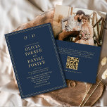 Convites Casamento do Código QR de Foto Dourada Azul do Mar<br><div class="desc">Anuncie seu casamento com a elegância do eterno usando este convite de casamento com marinho azul e foto dourada do QR code. Apresentando um fundo de marinho profundo acentuado com detalhes de ouro luxuoso, esse design combina lindamente a sofisticação clássica com a conveniência moderna. Adicione sua foto favorita para um...</div>